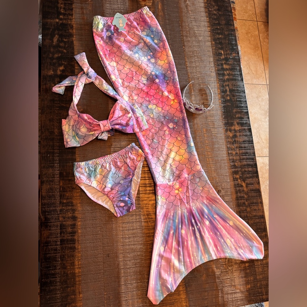 NWT Mermaid Swimsuit with Mermaid Tail and Princess Tiara Size 7-8